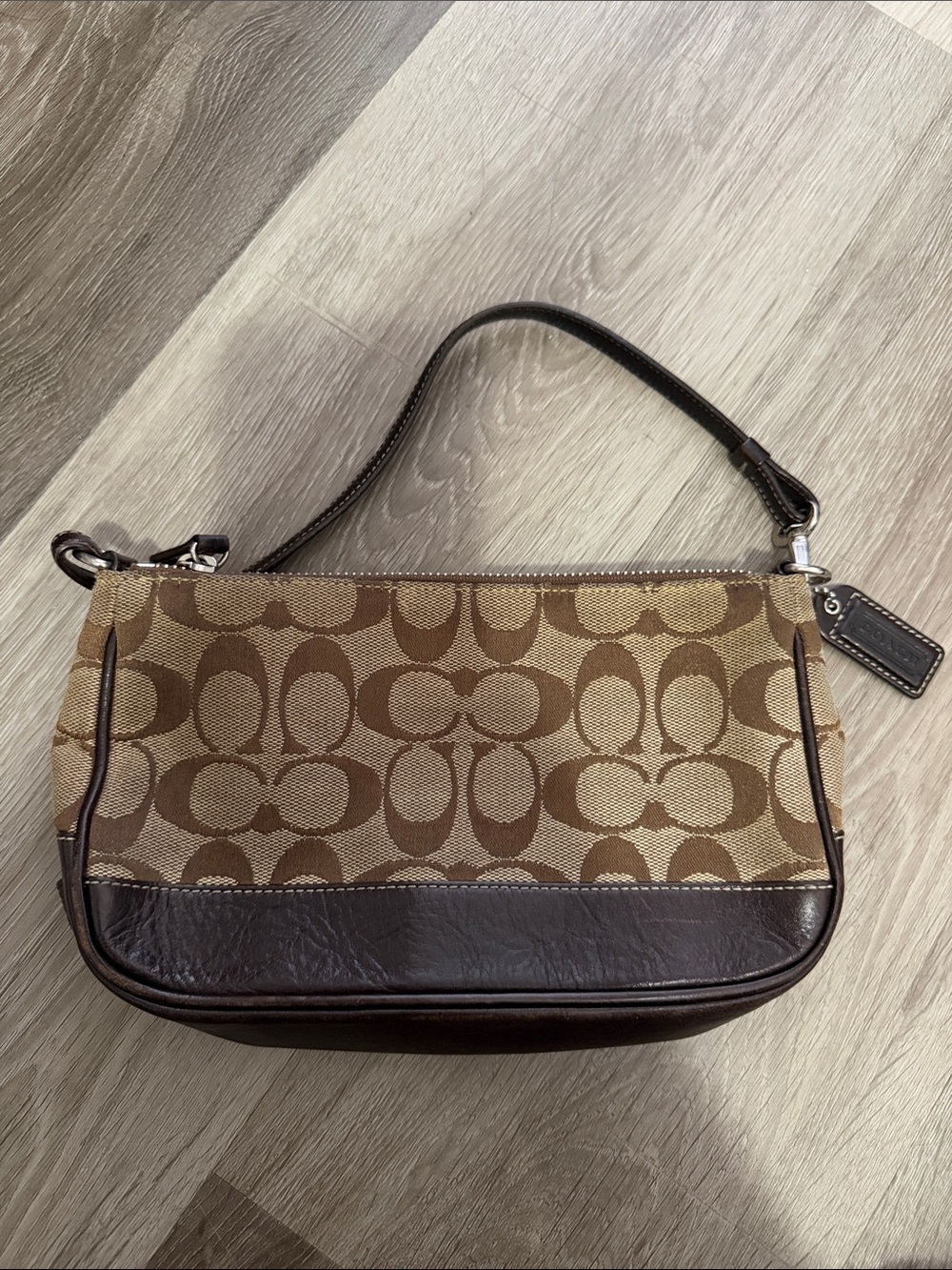Coach y2k  Brown Signature Canvas Shoulder Pouch with Dark Brown Leather Trim